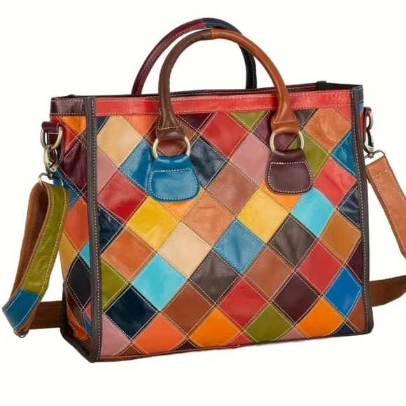 Handbags - GENUINE LEATHER HAND- SEWN WOVEN COLORFULL CONVERTIBLE TOTE BAG
